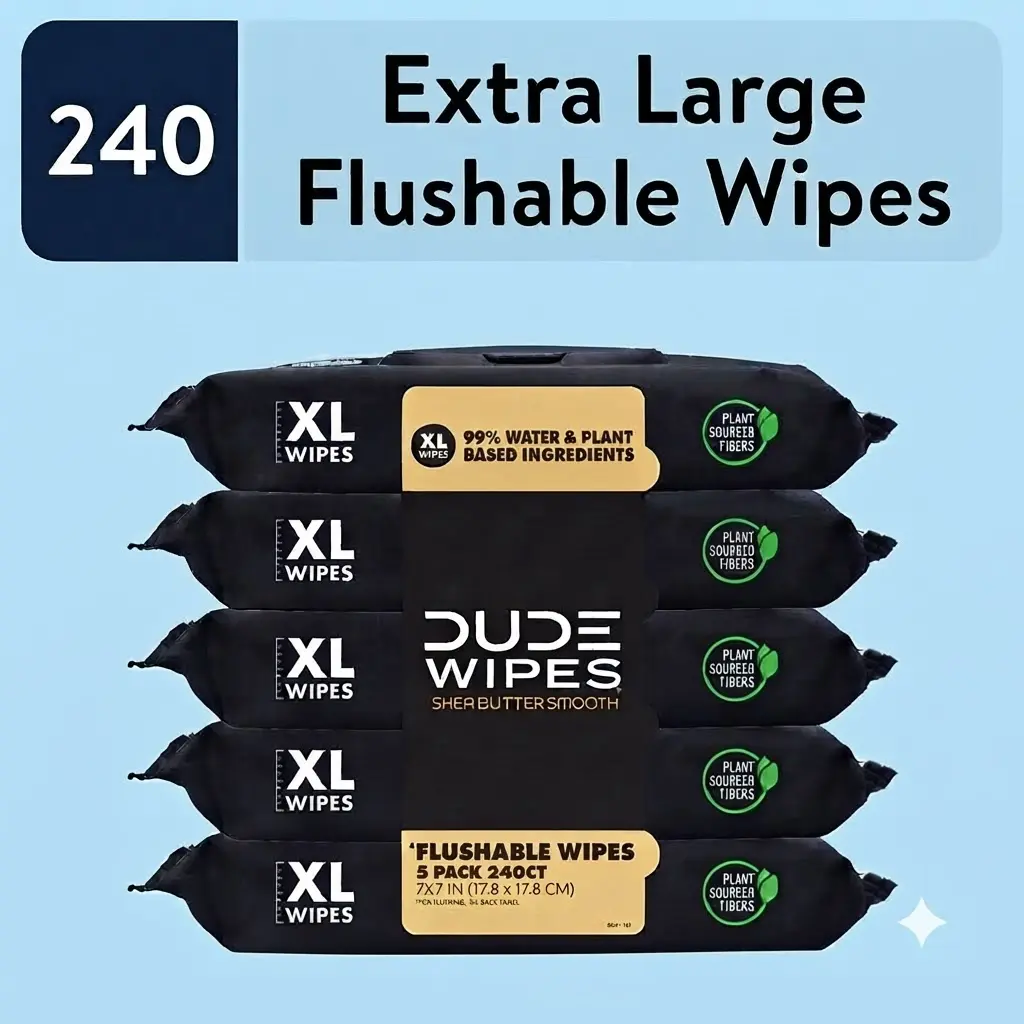 DUDE Flushable Wipes Extra Large Shea BUTTer Smooth Wet Wipes 240 Count Gentle Plant Based Toilet Paper Substitute