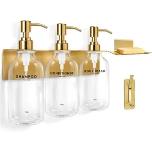 Shampoo and Conditioner Dispenser - 3 Soap Dispenser Bathroom Wall Mount No Drill, Soap Holder, Hook - Refillable Shower Dispenser Pump Bottle for Bathroom Shower Accessories (Transparent)