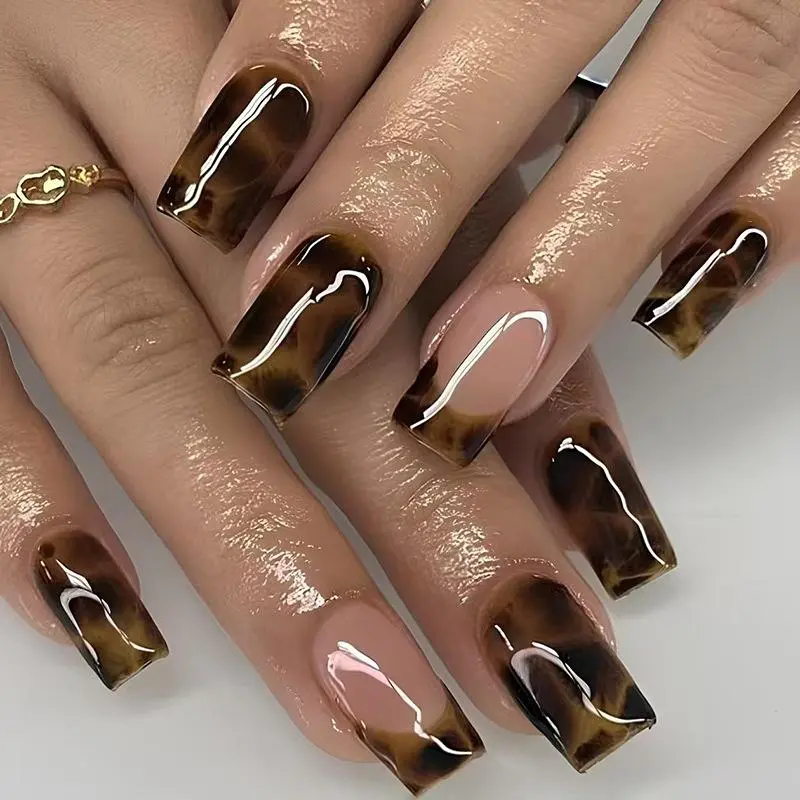 24pcs Gradient Brown Design Fake Nails Simple French Mid-length Ballet False Nail Sets Finished Reusable Square Press on Nails