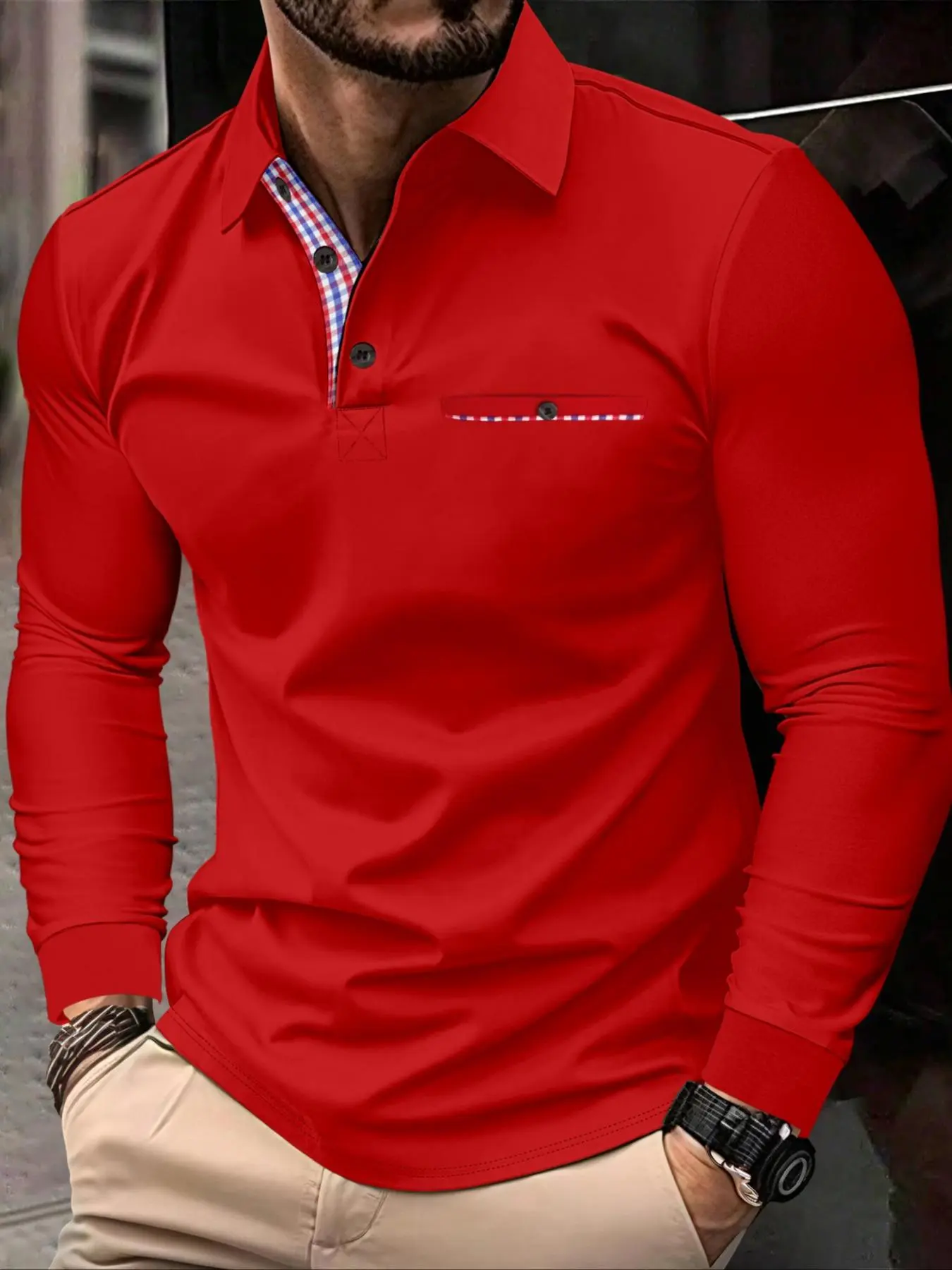 Men's Regular Fit Patchwork Long Sleeve Buttoned Polo Shirt, Casual Golf Polo Shirts, Casual Button Front Collared Top for Spring & Fall, Fashion Men's Clothes for Daily Wear, Fall Outfits, Fallfreshness, Fitted Casual Collared