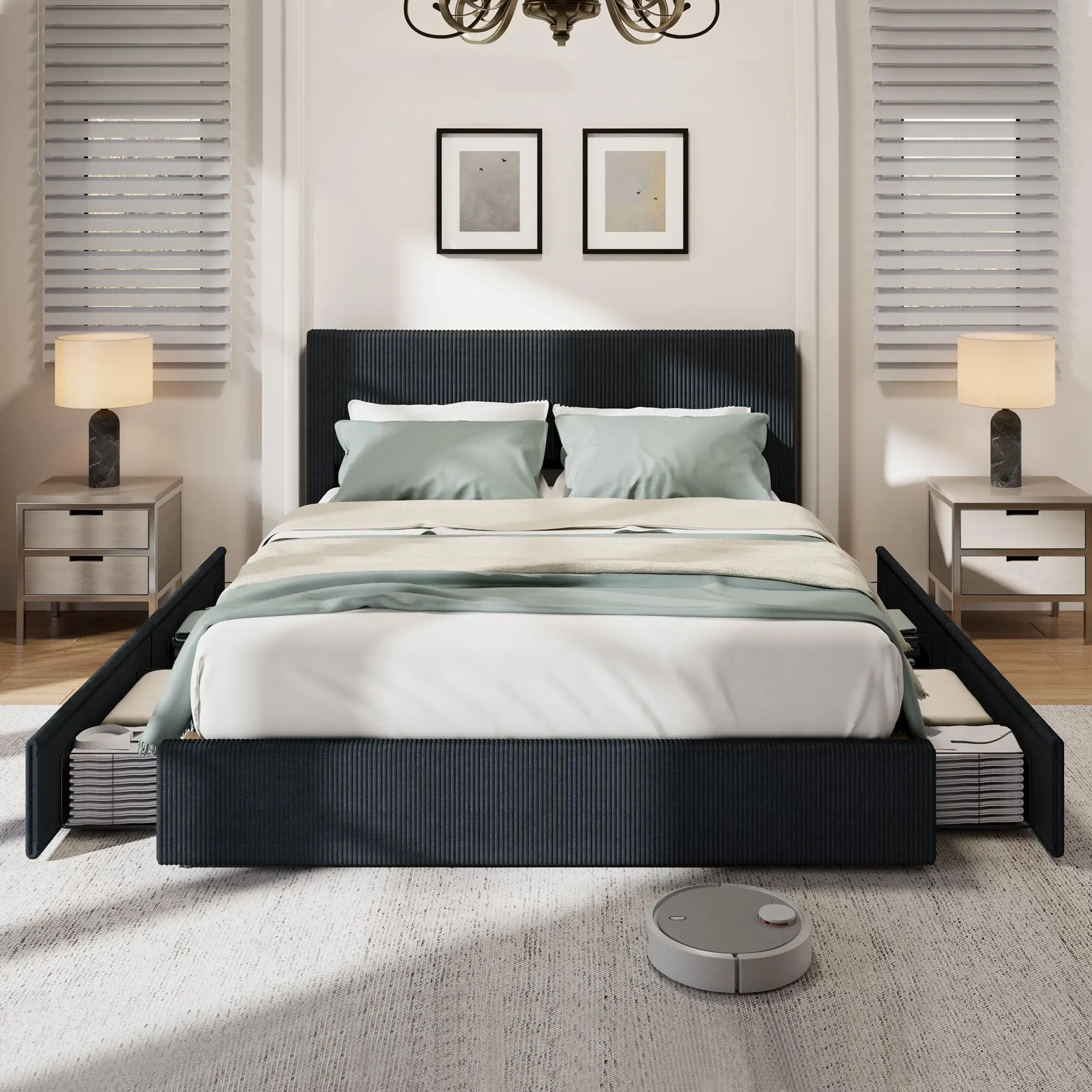Full Size Bed Frame with Storage - Corduroy Fabric, Headboard, Compartments, Wooden Slats, Silent Reliable Support System, Solid Build, No Box Spring Needed, Black/Brown