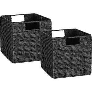 Vagusicc Storage Basket, Set of 2 Hand-Woven Storage Baskets for Organizing with Handles, Foldable Cube Storage Baskets Bins Organizer, 13 inch Large Wicker Baskets for Shelves & Decor, Black