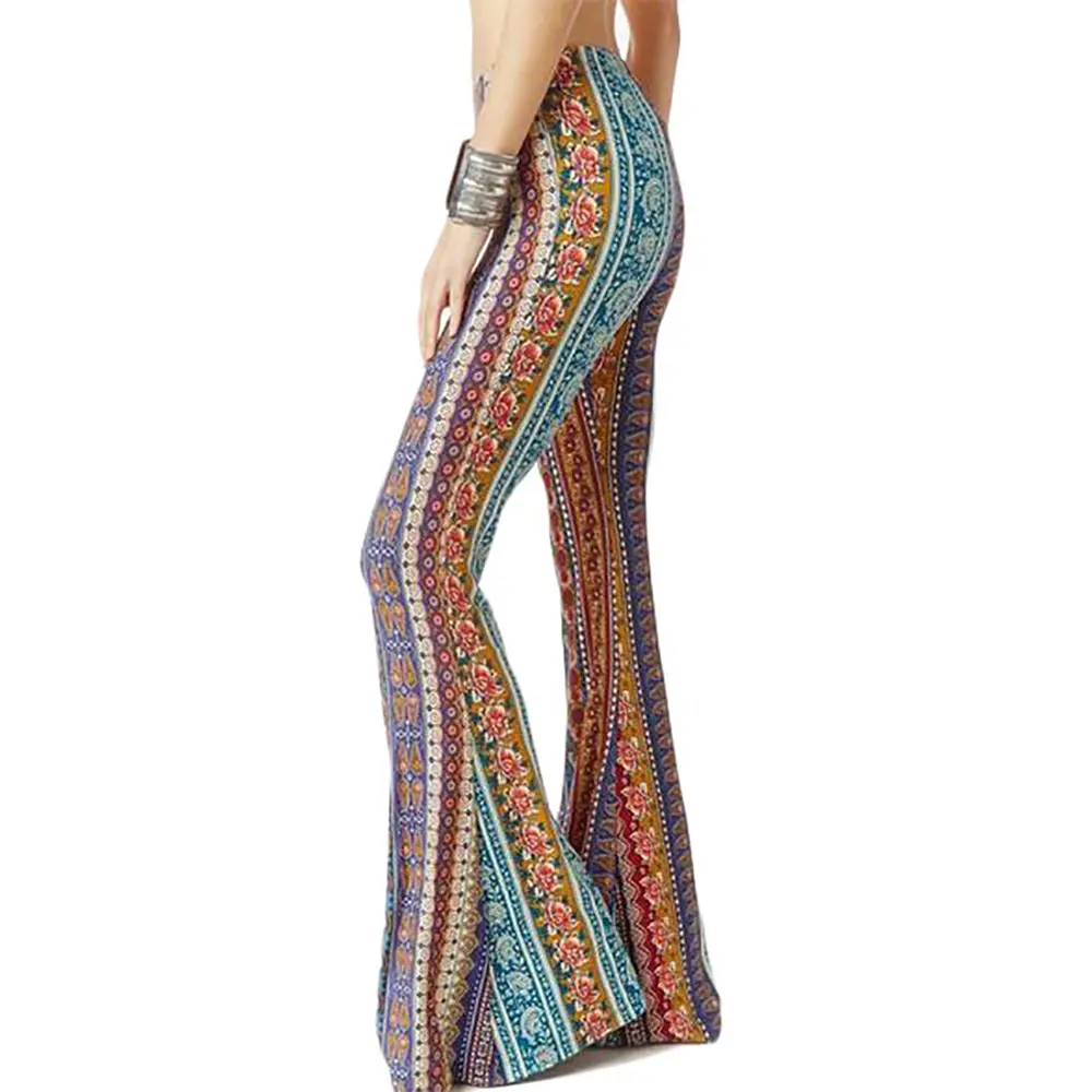 Women's Print Stretch Bell Bottom Flare Palazzo Pants Trousers