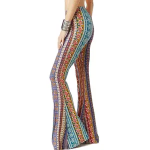 Women's Print Stretch Bell Bottom Flare Palazzo Pants Trousers