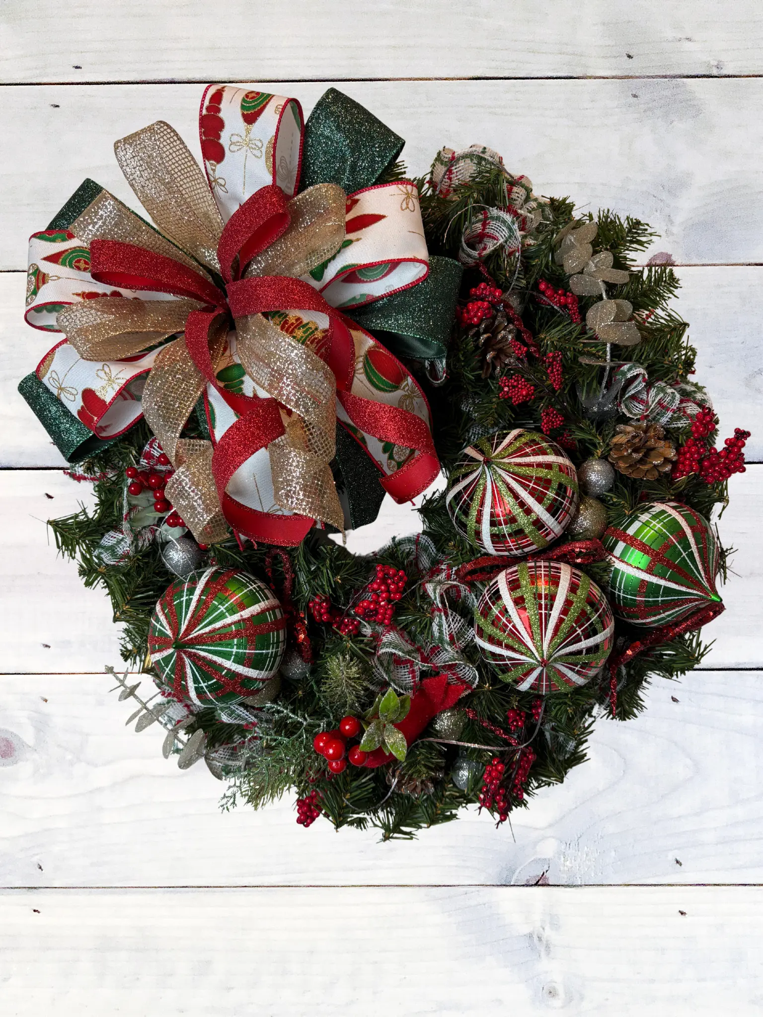 Christmas Evergreen Wreath with Ornaments & Berries