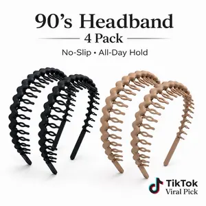 Unisex 90s Fashion Headbands (4PCS) - Neutral Colors, Plain Sporty & Casual Zigzag Wavy Vienna Hair Accessory with Teeth Grip, Flexible Non-Slip, Comfortable No-Pinch No-Pressure Fit, Hair Comb, Clean Look, Sporty Headbands