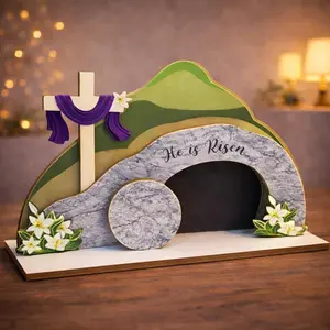 He is Risen Easter Nativity Set Empty Tomb Decor with Stone Texture Scripture Verse Christian Easter Tabletop Display for Home Church Religious Resurrection Decorations