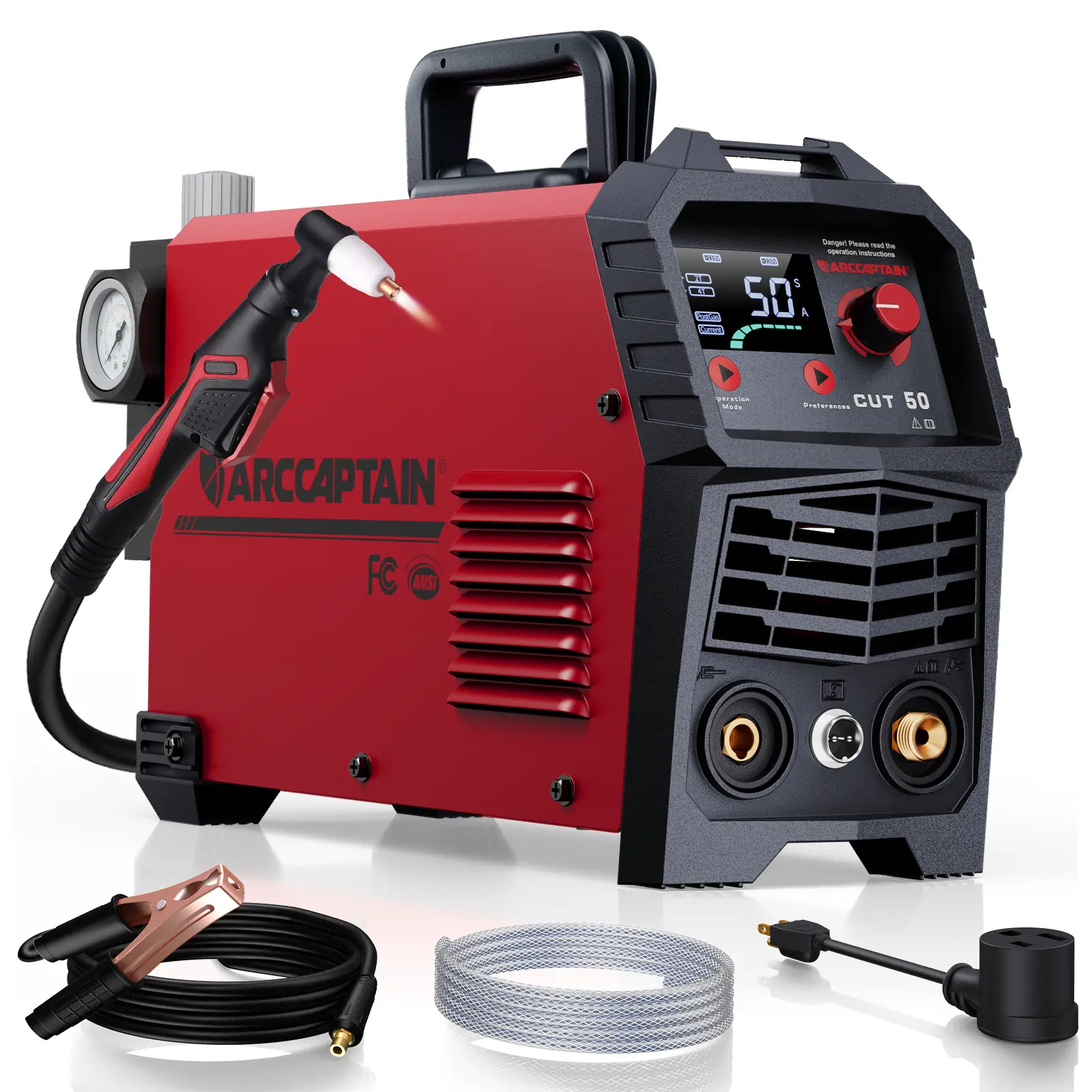 ARCCAPTAIN 50A Plasma Cutter CUT-50, 110/220V Dual Voltage DC Inverter IGBT Tool with Large LED Display, 0.5in Clean Cut, Post Flow, 2T/4T Function, Sturdy Handle, Overheating Protection, Shoulder Straps for Beginners