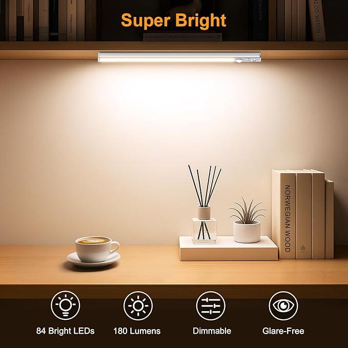 Motion Sensor Under Cabinet Lights 4 Pack, 3 Color Temperatures, Wireless USB Rechargeable, 2200mAh Battery, Magnetic Stick-On, 200 Lumens, Auto & Always-On Modes, Indoor Closet & Kitchen Lighting Dimmable Nightlight
