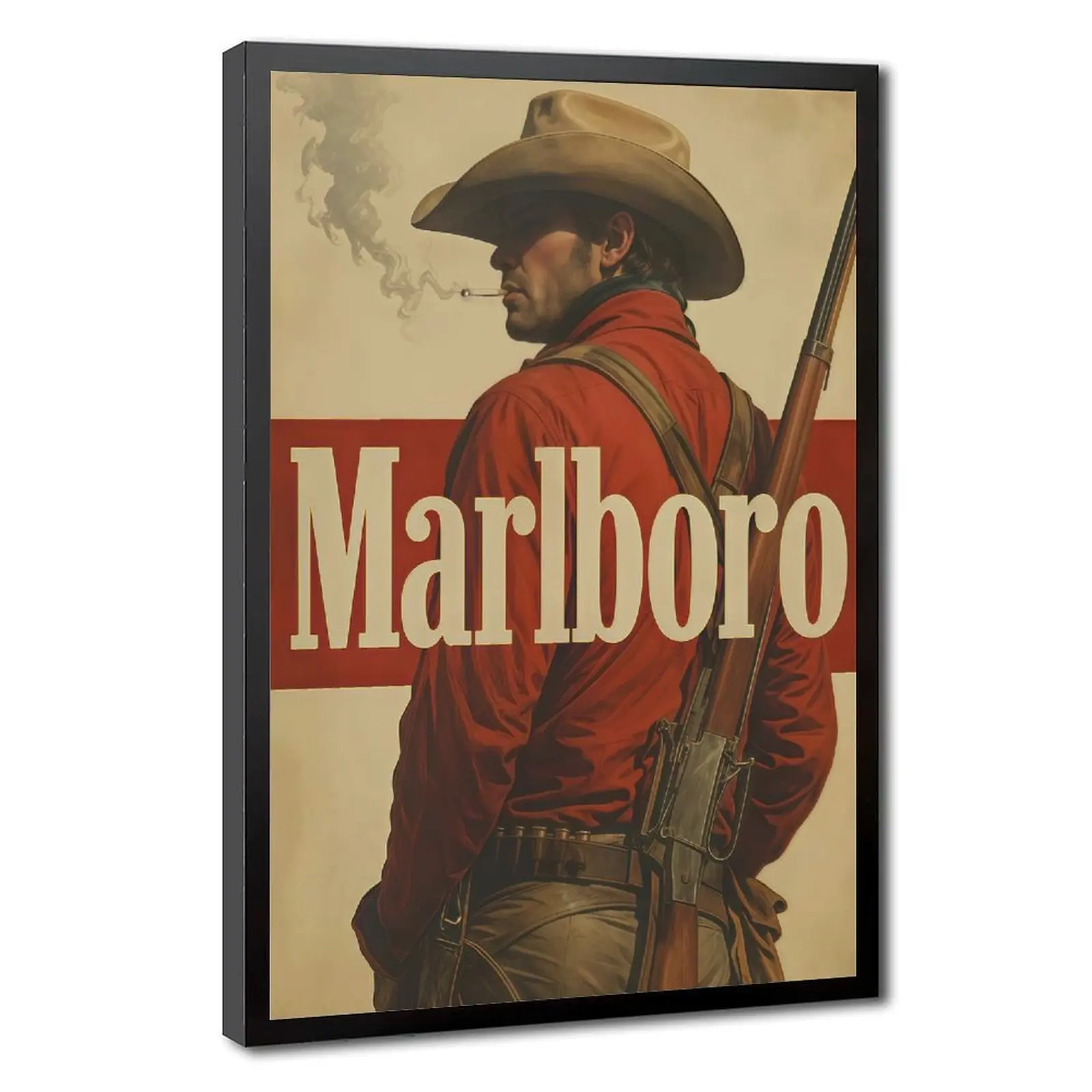 Vintage Western Cowboy Rifle Canvas Wall Art, Retro American Classic Wild West Red Cream Graphic Poster, Rustic Southwest Aesthetic Wall Decor for Man Cave Cabin Garage Bar, Unframed Canvas Painting