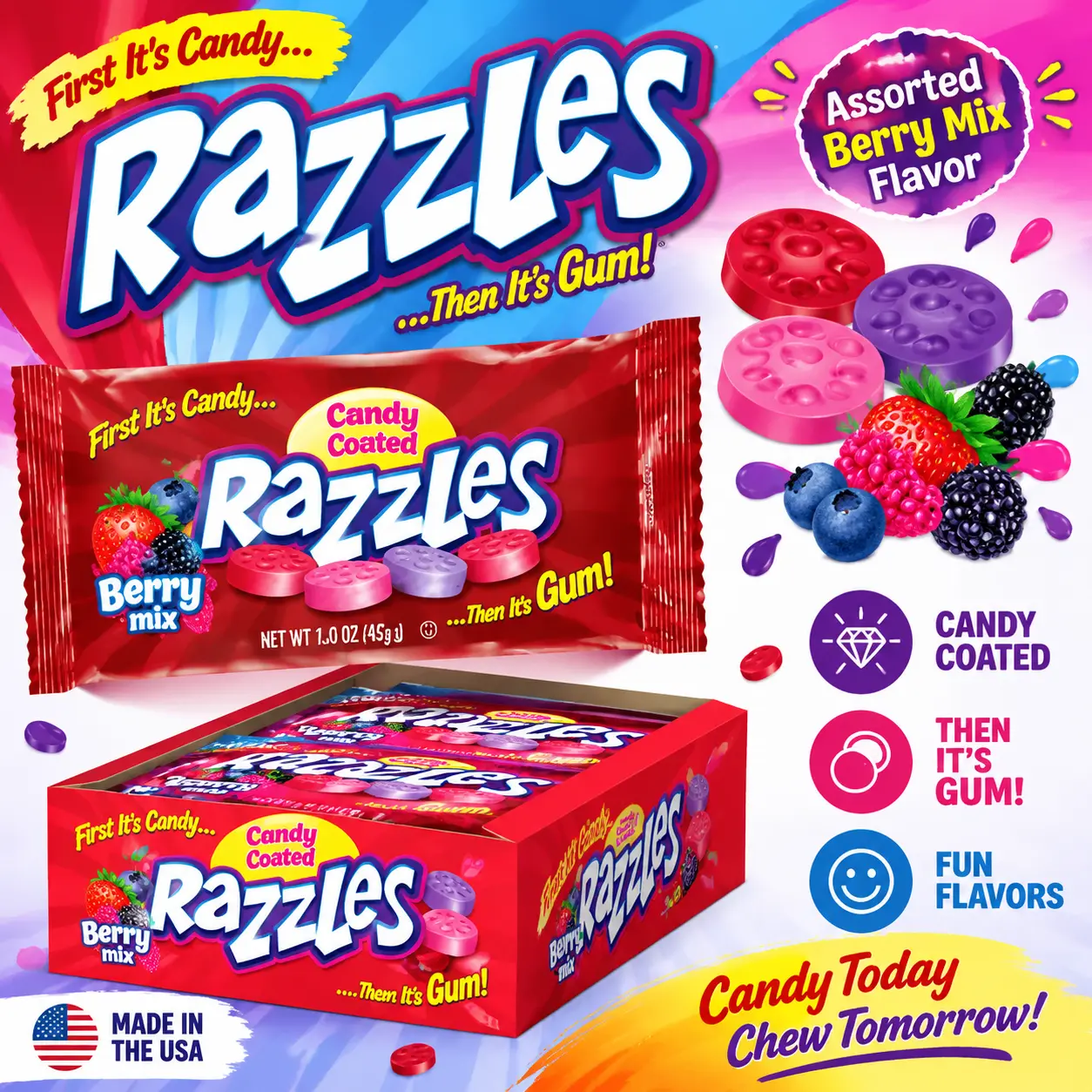 Razzles Assorted Berry Mix Candy Gum 1.6 oz 24 Count  Candy That Turns Into Gum | Fruity Retro Treats for Parties & Snacking