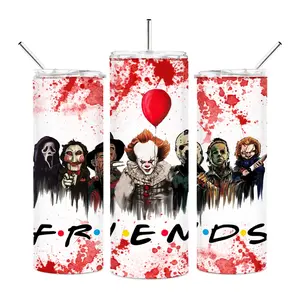 Posh Soiree 20oz Skinny Stainless Steel Tumbler with Metal Straw & Lid: Halloween Horror Icons Edition for Halloween Enthusiasts
