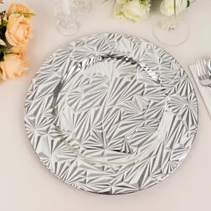 6-Pack Acrylic Charger Plates 13" Round Metallic Silver Rock Cut Design - Durable Plastic Dinner Charger Tableware