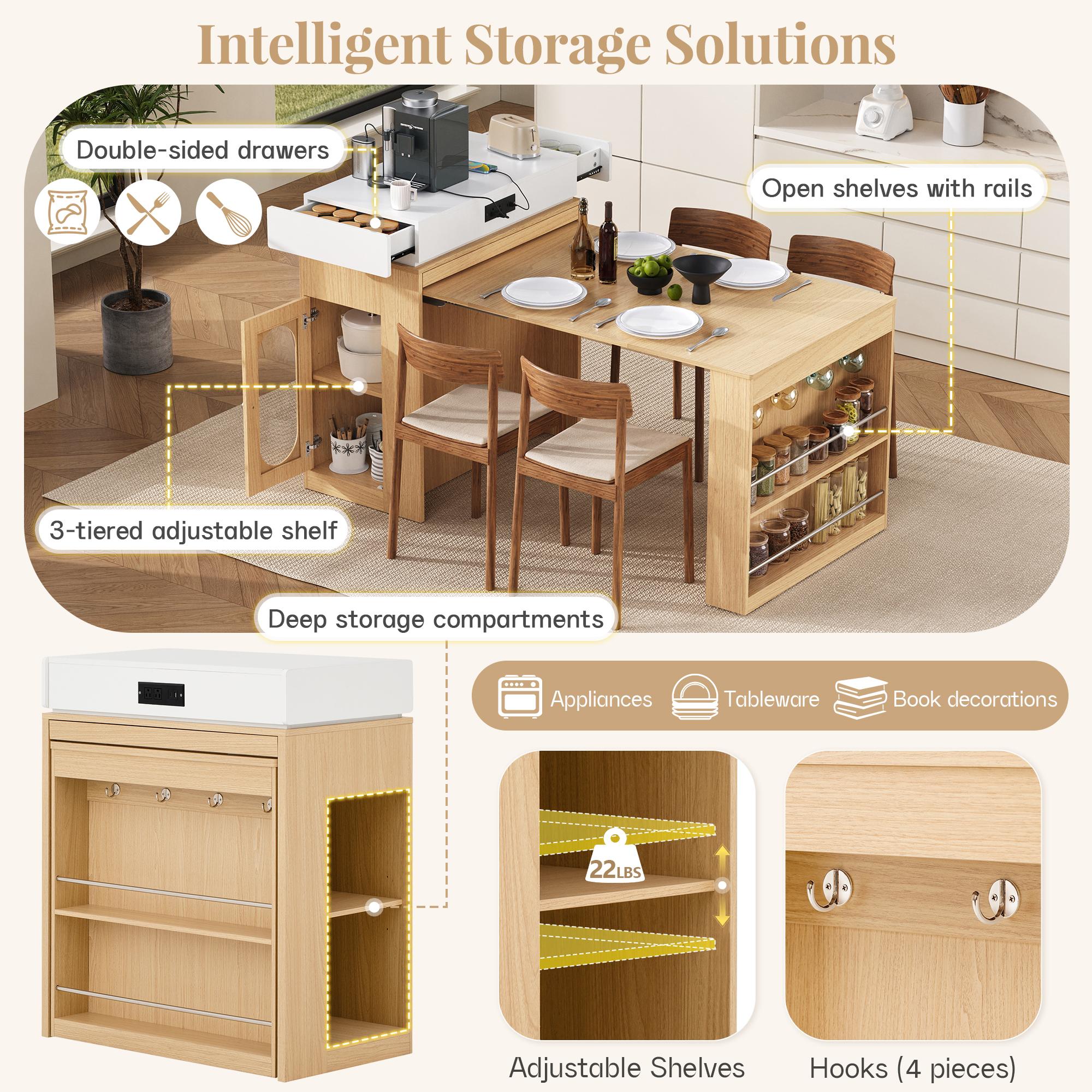 Rolling Kitchen Island & Extendable Dining Table with Folding Top & Power Outlet, Mobile Sideboard with Drawers, Hooks & Storage for Kitchen & Dining Room