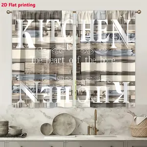 2D Flat - 2pcs 2D Flat Farmhouse Kitchen Valance |   Rustic Wood Grain Window Curtains with "The Heart of the Home" Quote, Vintage Style Small Decor for Bathroom Dining Room, Polyester, Semi-Sheer, Rod Pocket panel set doble layer darkening floral print