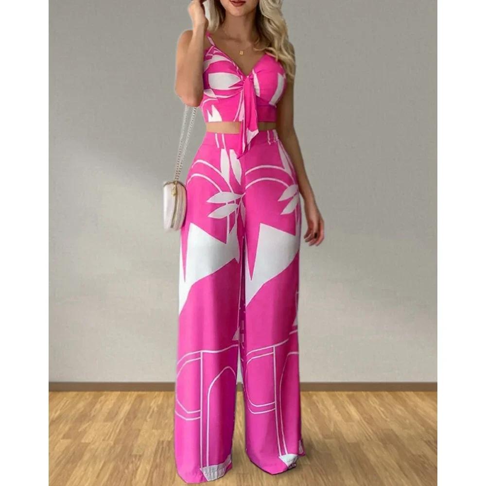Tropical Print Spaghetti Strap Casual Lace up Back Top &High Waist Pants Set Tropical Print Spaghetti Strap Casual Lace up Back Top &High Waist Pants Set