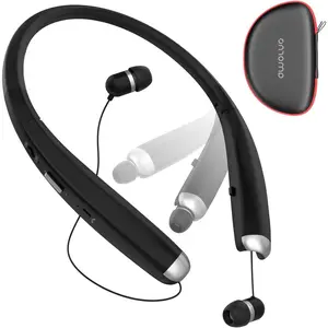 Foldable  Headphones,  Neckband  Headset with Retractable Earbuds, Sweatproof Noise Cancelling Stereo Earphones with Mic (Black)