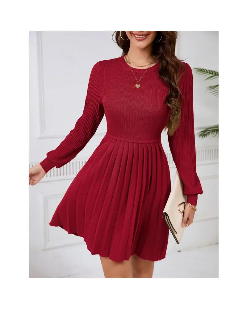 WhizMax Women's 2024 Long Sleeve Mini Sweater Dress Crewneck Ribbed Knit A Line Pleated Swing Short Dresses Red Wine Medium