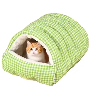 Winter Warm Cat Hut 45x45cm Plush Insulated Pet Bed for Cold Weather Soft Interior Closable Roof Cozy Plaid Pod Cave or Open Bed Convertible Design Removable Cover Portable Travel Backpack machine washable cover hipi  pets Sleeping Comfortable Lambskin So