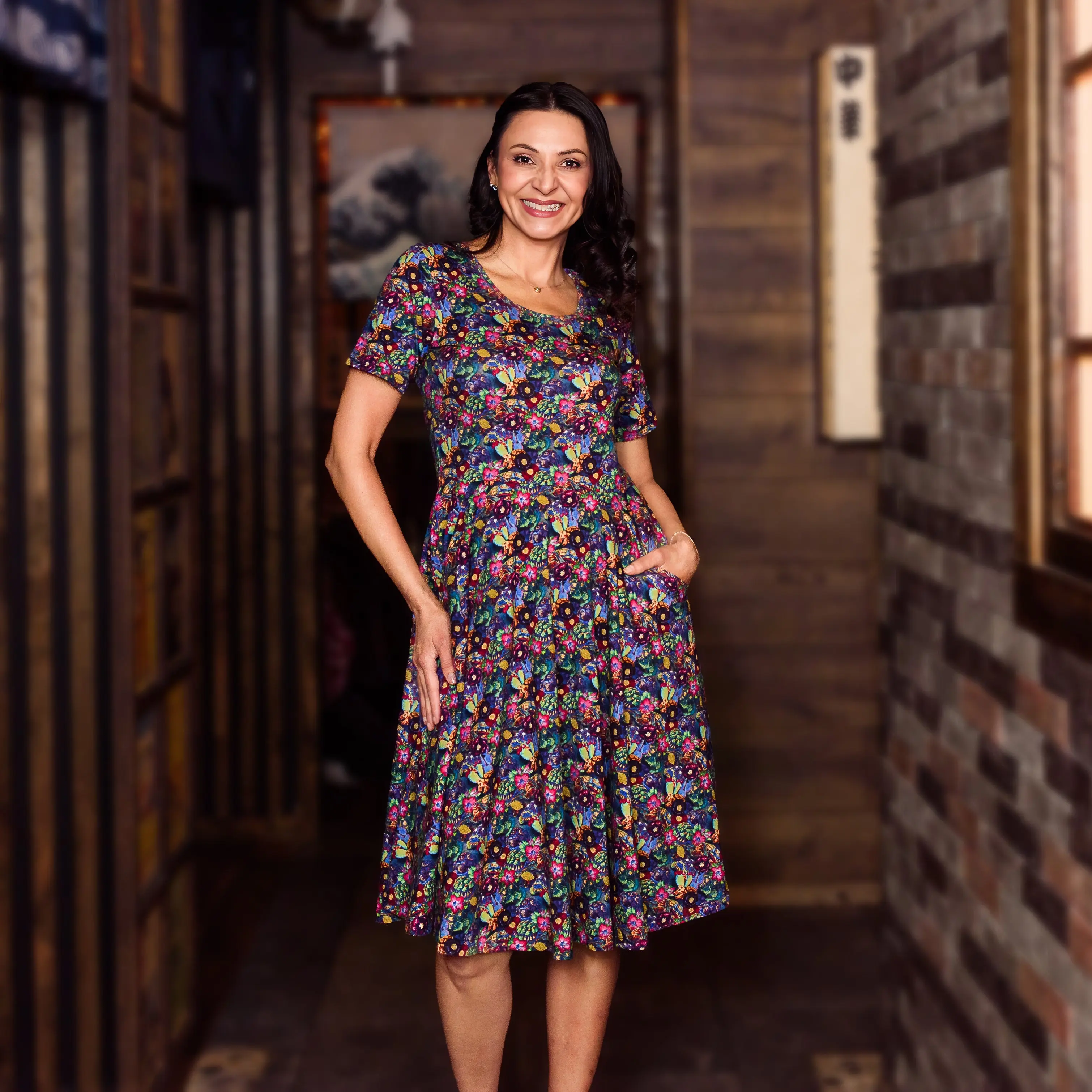 Watercolor Tortoise Twirl Dress with Pockets