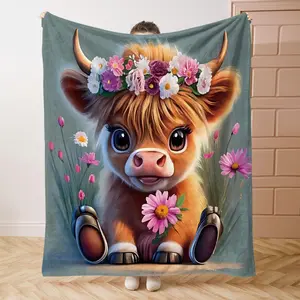 Cute Highland Cow Pattern Flannel Blanket, Soft Comfortable Throw Blanket, Flannel Cozy Blanket, Cool Bedroom Bedding Blankets, Warm Napping Blanket for Home Office Camping, Cow Print Blanket