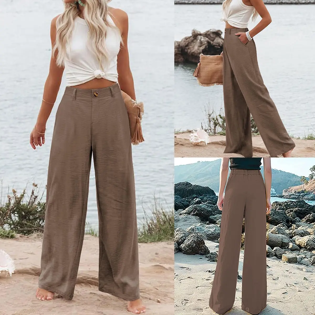 Mibbory Cotton Linen Wide Leg Pants for Women Casual Button Up High Waisted Trousers Loose Comfy Spring Summer Womenswear SummerVibes Bohemian Bottoms Daily Wear Trousers With Practical Side Pockets