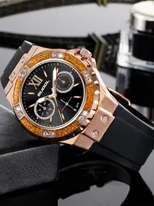 Women's Fashion Rhinestone Watch, Crystal Bezel, Roman Numerals Dial, Rose Gold Pointer, Dual Subdials, Silicone Strap