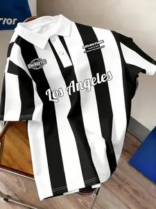 Men's/Women's Black & White Striped Los Angeles Print Polo Shirt - Casual Streetwear Short Sleeve Top for Daily Wear