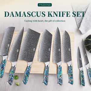 FINDKING 1 pc Kitchen Knives, Damascus Steel Chef Santoku Knife, Slicing Knife, Utility Knife, Resin Abalone Shell Handle, Razor Sharp Professional Meat Cutting Knife with Gift Box for Family, Restaurant, Cutting Vegetables, Meat and Fruits for Kitchen