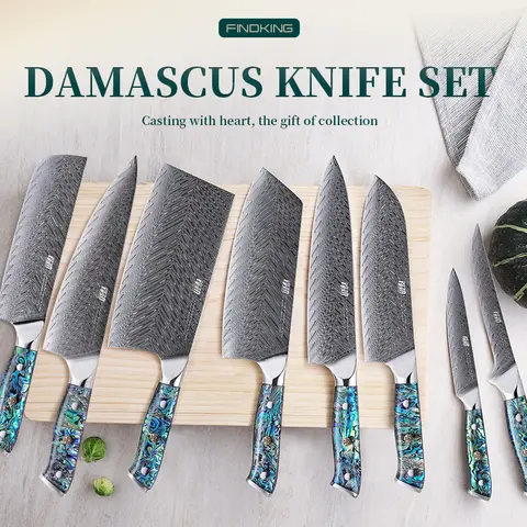 FINDKING Damascus Stainless Steel Kitchen Knife - 1-Piece (Chef, Santoku, Slicing, Utility), Thick Corrosion-Resistant Rust-Resistant, Ergonomic Resin Abalone Shell Handle, Razor-Sharp, Gift Box for Home Use