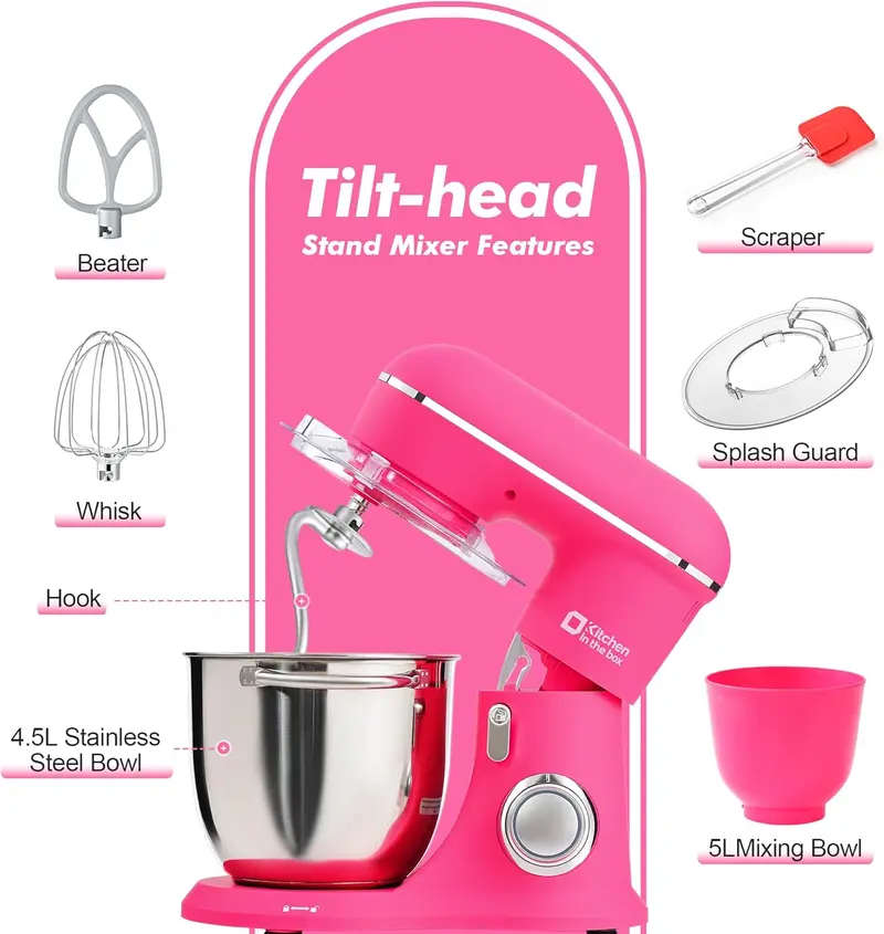 Tilt-head stand mixer with mixing bowls and included accessories