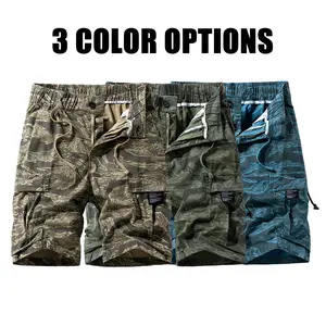 Retro tiger camouflage functional cargo shorts — abrasion-resistant, washed military-style design with multiple pockets; men’s summer commuter mid-length shorts