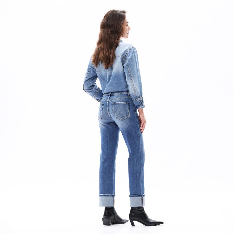 ONESO Vintage Straight Leg Jeans for Women Mid-Rise Cropped Cuffed Figure-Enhancing Stretch Denim with Tummy Control & Casual Boyfriend Fit Y2K Inspired Distressed Ankle Jeans