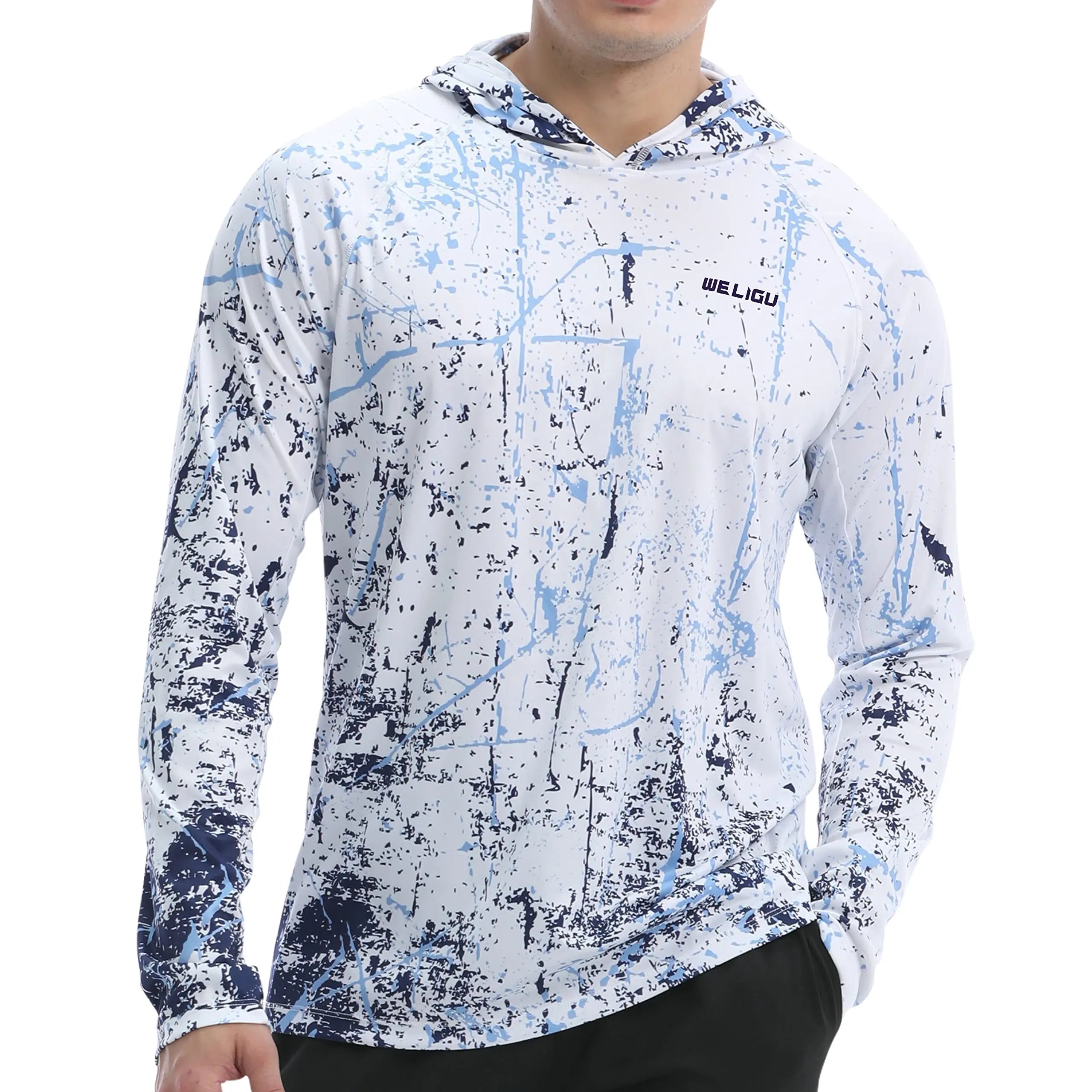 WELIGU Men’s UPF 50+ Fishing Hoodie Shirt - Tagless Hood, Thumbholes, Breathable, Dry Fit Performance, Lightweight Long Sleeve, Flat-Lock Seams, Ergonomic Design, Cool All Day Daily Wear Sportswear for Fishing, Boating, Breathable Sweat Top