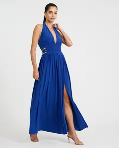 Express Halter V-Neck Smocked Waist Cutout Knit Maxi Fit and Flare Dress