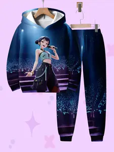 Girls' Spring & Fall Hooded Fitted Sweatshirt Set, Warm Comfortable, Holiday Gift, Casual Street Style