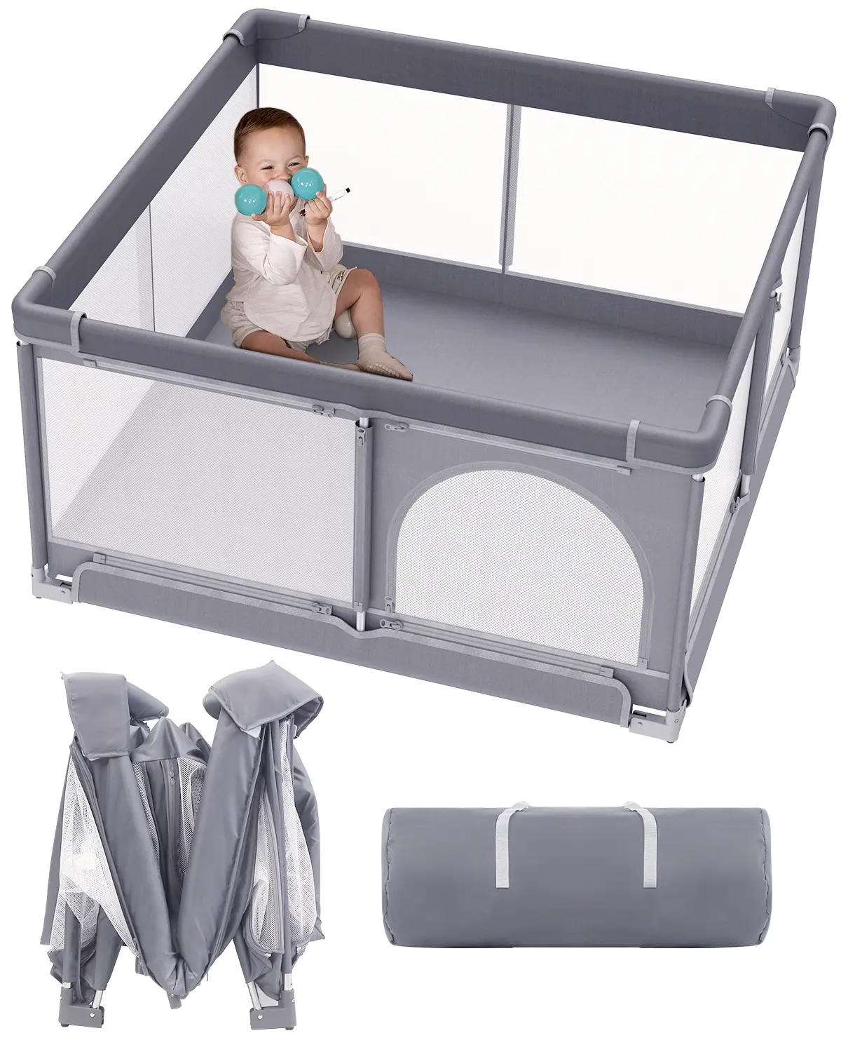 Durable Quick Folding Baby Playpen - Extra Large Collapsible Oxford Fabric Enclosure for Babies & Toddlers, Portable Quick Setup Travel Playpen with Gate, Parents’ Safe Indoor & Outdoor Activity Center (51"×51" Gray)