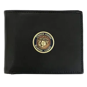 Officially Licensed "US Marine Corps" Medallion Genuine Leather Classic Handmade Wallet - Bifold Black