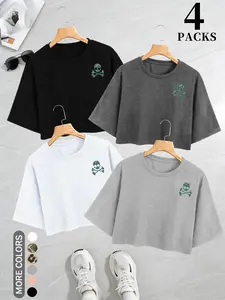 4-Pack Y2K Skull Embroidered Crop Tops, Trendy Casual Cropped Tee Set, Classic &, Retro Styles, Budget-Friendly, Perfect for Y2K Lovers
