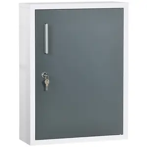 kleankin Bathroom Medicine Cabinet with Shelves Inside & On Door, Locking Medical Cabinet for Child & Pet Safety, First Aid Bathroom Wall Cabinet, White and Grey