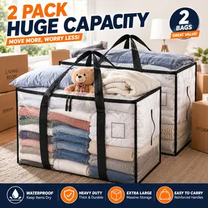 Heavy-Duty Extra Large Collapsible Zippered Clear Storage Bags 2 Count - Quality Plastic, Home and Office Organiser, for Clothes, Tools, Bulky Items, Storage Organization, Convenient Space-Savers
