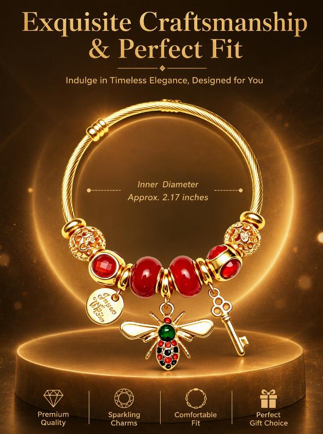 Gold Bee Charm Bangle Bracelet for Women, Adjustable Cable Wire Open Cuff Bracelet with Key & Coin Pendant, Fashion Multicolor Beaded Jewelry Gift