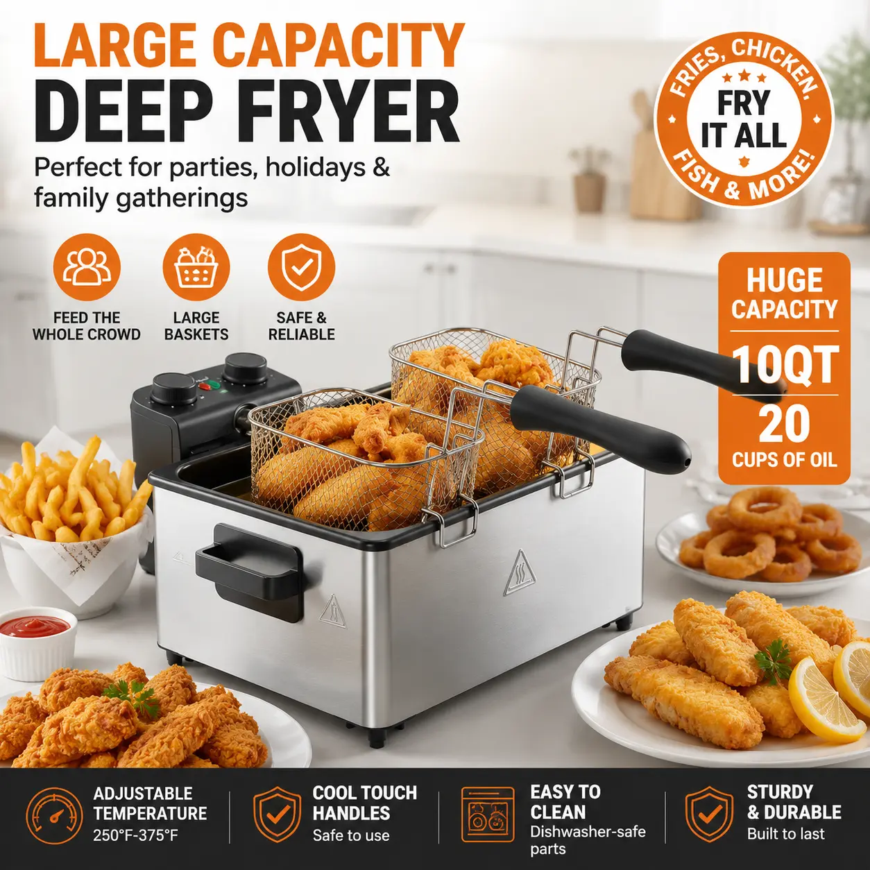 3/5L Deep Fryer with Basket, 1700W Electric Deep Fryer with Time & Temperature Control, Deep Fryers with Lid View Window and Odor Free Filter for Home Use, Stainless Steel, Dishwasher Safe