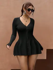 Apperoth Studio Women's V-Neck Long Sleeves A-Line Knit Dress - Casual Winter Dress