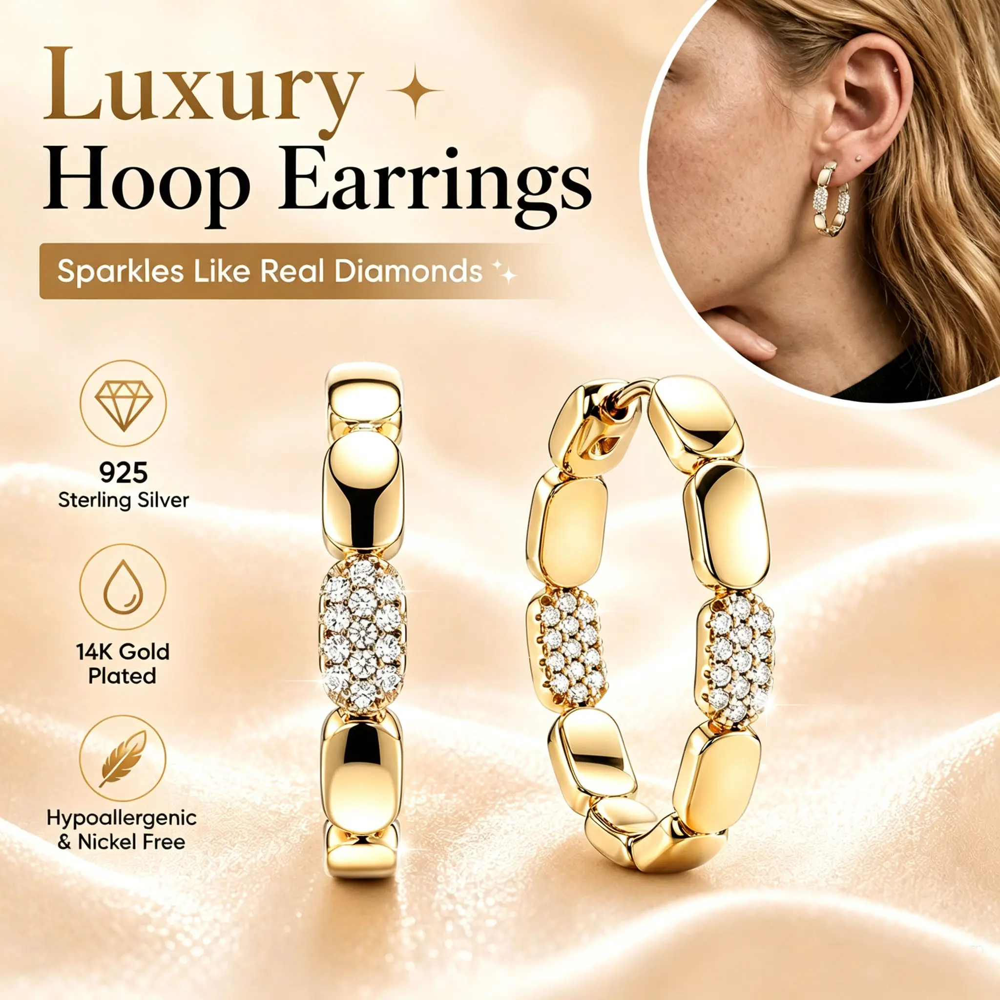 14K Gold Plated Chain Link Hoop Earrings for Women, 925 Sterling Silver Hypoallergenic Hoops with Pave Cubic Zirconia, Lightweight Statement Earrings for Everyday, Work & Party, Trendy Jewelry Gift for Sensitive Ears