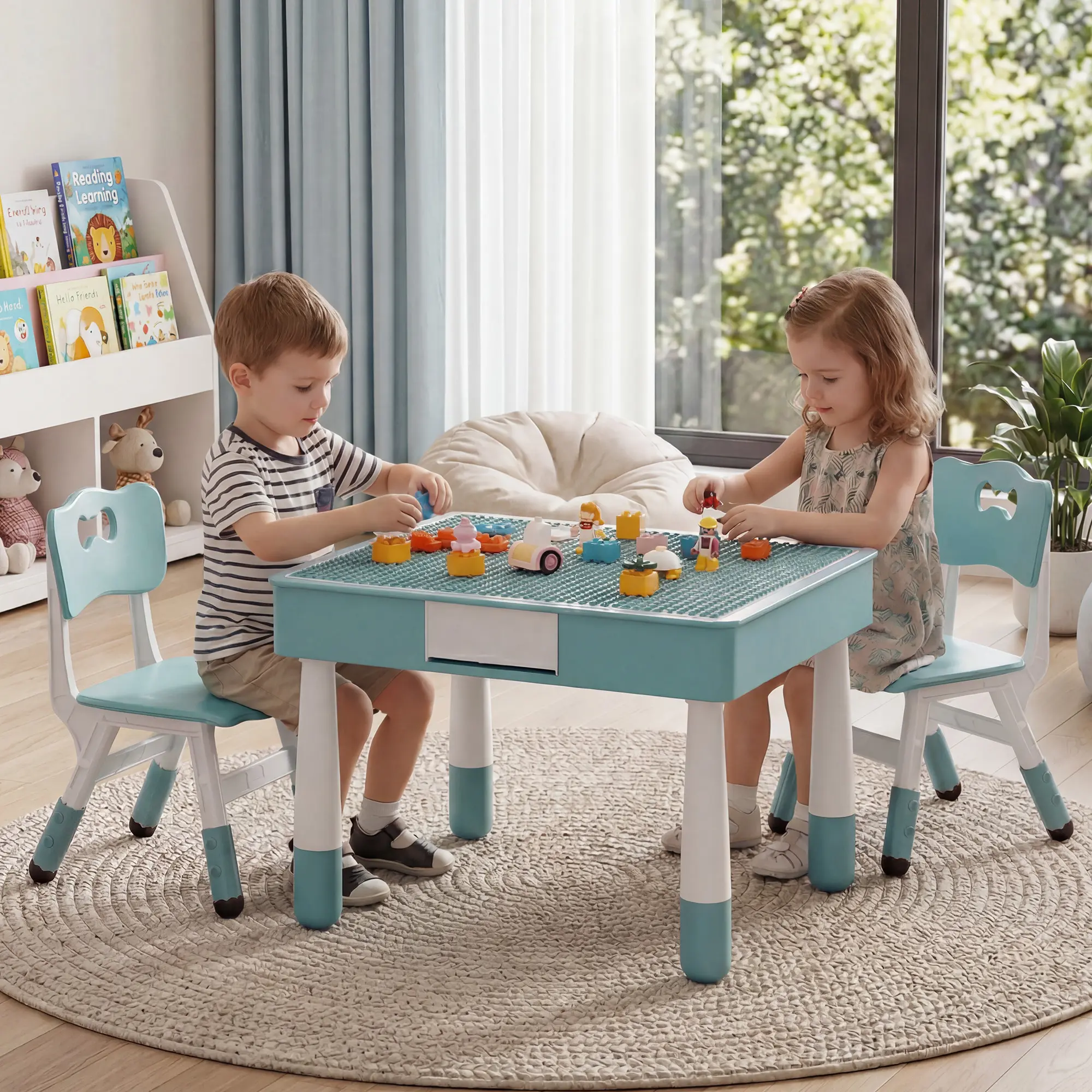 Garvee 4-in-1 Kids Table and Chair Set - Toddler Activity Table with 2 Adjustable Chairs - Double-Sided Reversible Tabletop (Building Blocks/Graffiti) - Ages 3-10 - for Drawing, Reading, Dining & Play