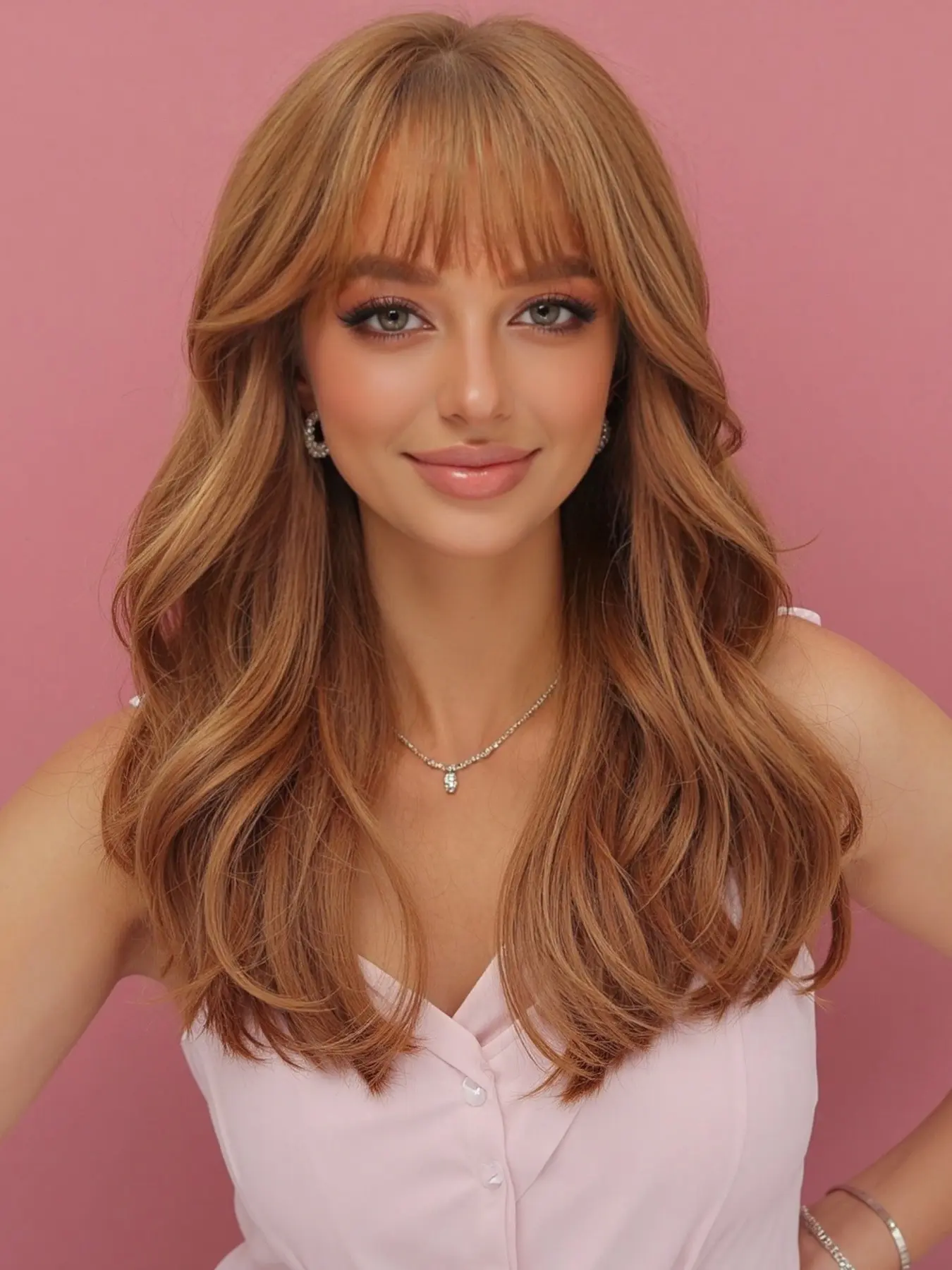 18 Inch Medium Length Wave Wig with Bangs, Fashionable Synthetic Fiber Hair, Natural Look, Easy Care, Suitable for All Ages, Loose Wave Wigs, Synthetic Wavy Hair, Synthetic Material Wigs
