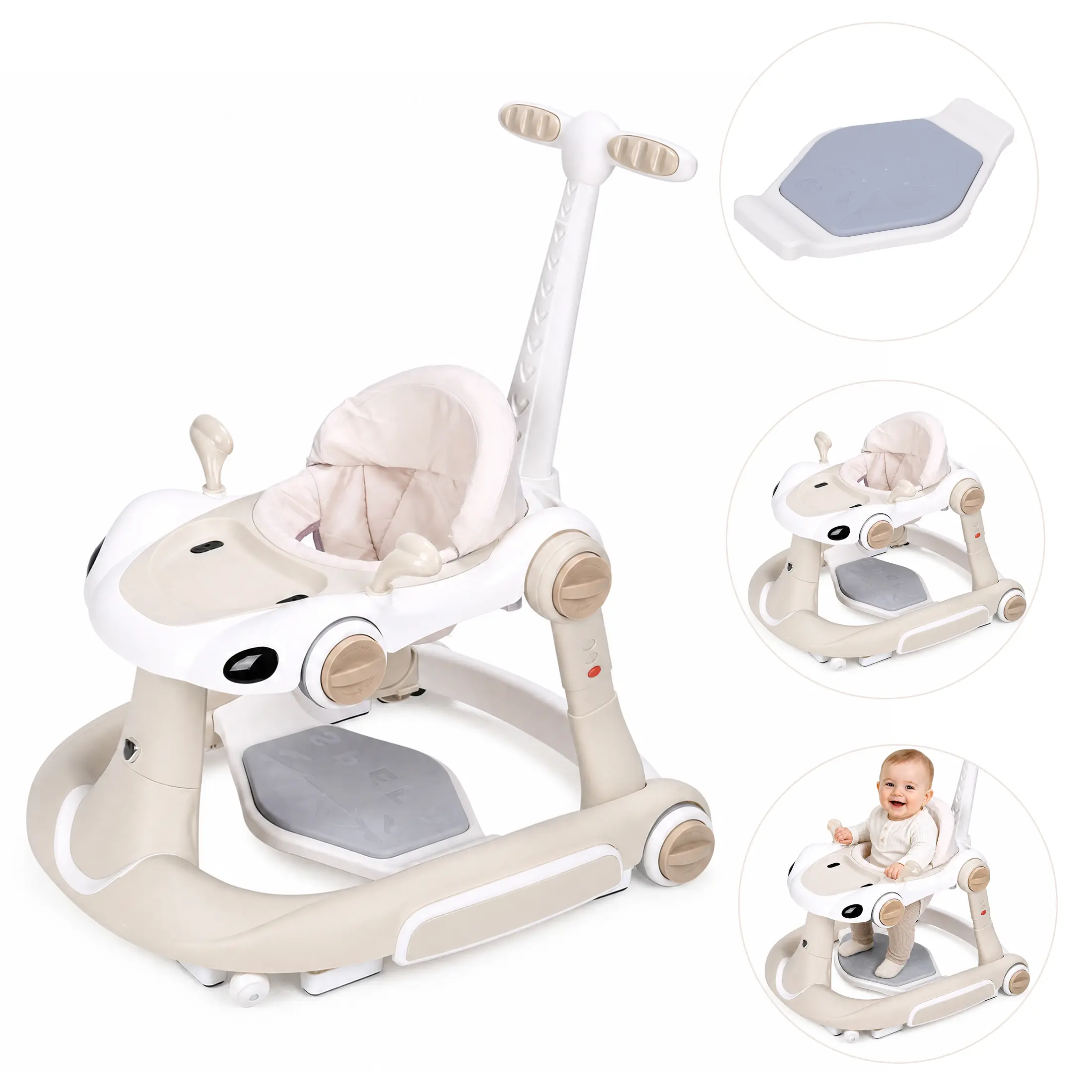 4-in-1   with Wheels Portable, Foldable Infant Toddler  for Boys Girls 6-18 Month,Removable Footrest,Car Steering Wheel & Music, Adjustable Push walker