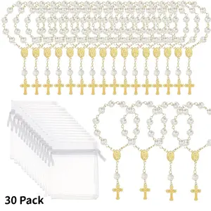 30Pcs Ivory Faux Pearl Mini Finger Baptism Rosary Beads Set, Acrylic Catholic Mini Rosaries with Organza Gift Bags, Bulk Party Favors for Christening Wedding First Communion Baby Shower Halloween Religious Souvenir