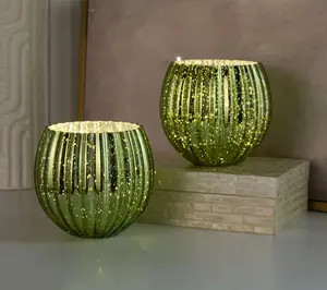 Set of 2 Illuminated 6"D Ribbed Mercury Glass Rose Bowl